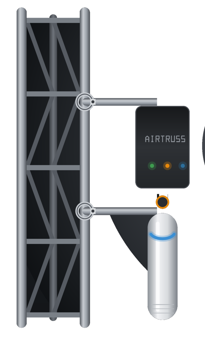 AirTruss One rigged on a vertical truss — a sealed enclosure with three status LEDs and the access point hanging below